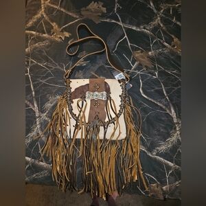 American Darling Brown and Tan Fringe Crossbody with Concho Detail